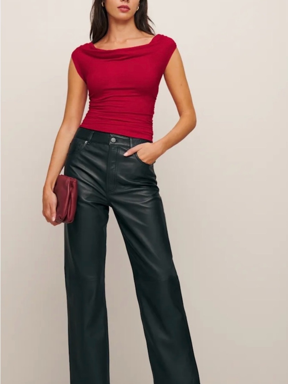 Reformation Red Cap-Sleeve Draped Neck Tee